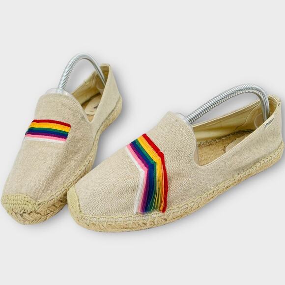 Anthropologie Soludos Pride Beige Espadrille Rainbow Slip On Flat Loafers Linen - Picture 2 of 12